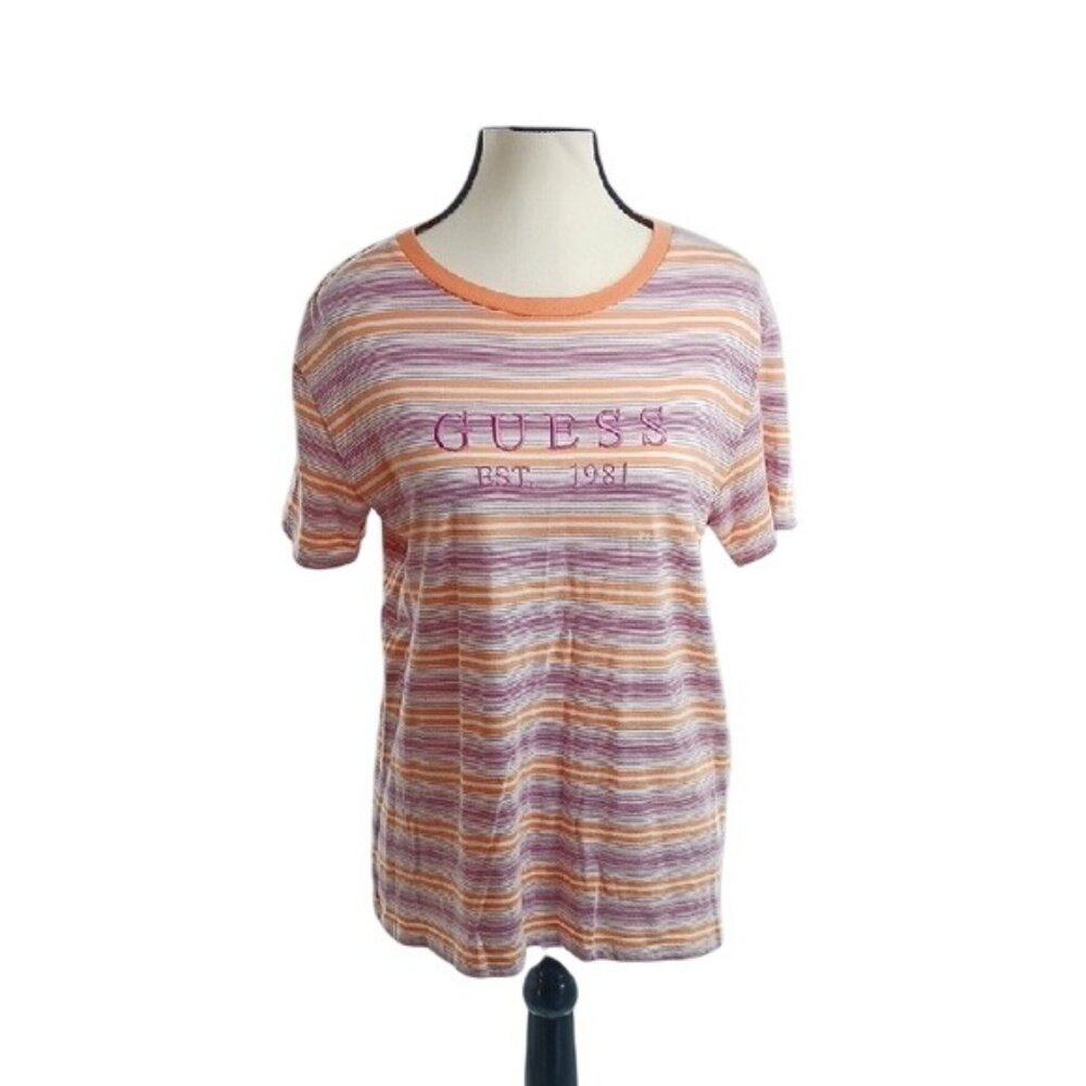 Guess Womens XS Striped Logo T Shirt Multicolor EST 1981 Short Sleeve